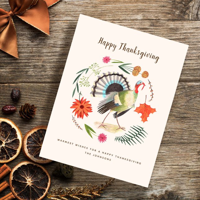 Cartão Postal De Festividades Rustic Elegant Turkey - Ação de Graças Botânica (Modern Elegant Turkey Thanksgiving Botanical Holiday Postcard)