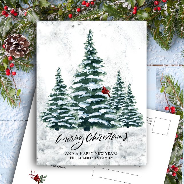 Cartão Postal De Festividades Rustic Green Pine Elegant Script MERRISTMAS (Criador carregado)