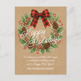 Cartão Postal De Festividades Rustic Holly Wreath Red Black Checking Arco