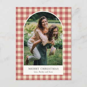 Cartão Postal De Festividades Rustic Red Gingham Arch Foto do Natal Moderno