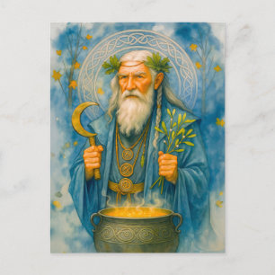 Cartão Postal De Festividades Sábio druida celta com caldeirão mágico