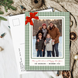 Cartão Postal De Festividades Sage Green Gingham Plaid Multi Photo Christmas