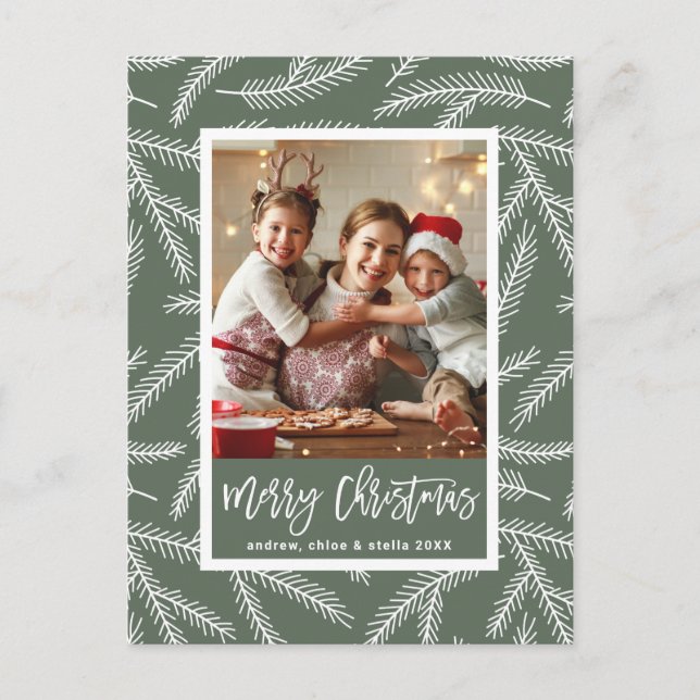 Cartão Postal De Festividades Sage Green | Pine Branch Merry Christmas Photo (Frente)