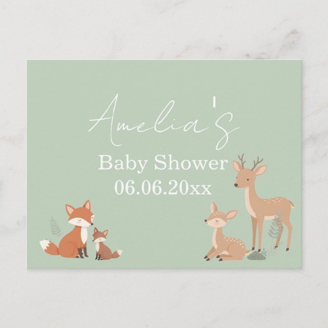 Cartão Postal De Festividades Sage Green Woodland Animal Baby Shower Invitation (Frente)