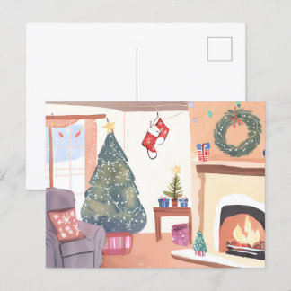 Cartão Postal De Festividades Sala de Estar de Natal | Feriado Aquarela