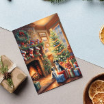 Cartão Postal De Festividades Sala decorada festiva, lareira, cães, vintage<br><div class="desc">Este cartão de Natal apresenta dois cachorros em frente a uma lareira numa sala de estar festivamente decorada com muitos presentes debaixo da árvore de Natal. Vintage. Envie Cartões de natal para seus amigos e família. Texto personalizado e traseiro.</div>