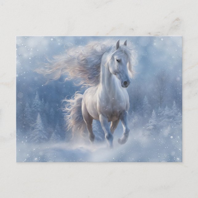 Cartão Postal De Festividades Salas de Natal Saudações com Cavalo na Neve (Frente)