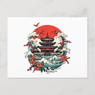 Cartão Postal De Festividades Salto e onda do templo japonês sakura