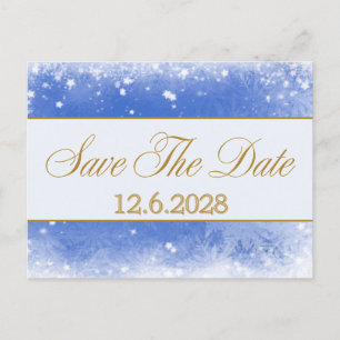 Cartão Postal De Festividades Salvar Data Flocos de Neve Azul Dourado Férias Cor