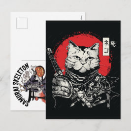 Cartão Postal De Festividades Samurai Gato Preto Guerreiro Japonês Vintage