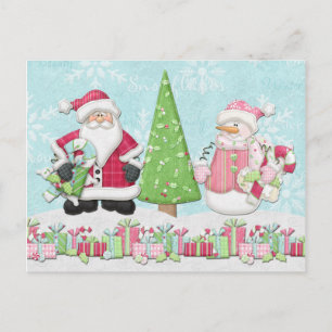 Cartão Postal De Festividades Santa and Snowman Christmas Card