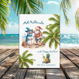 Cartão Postal De Festividades Santa and Snowman Mele Kalikimaka Christmas