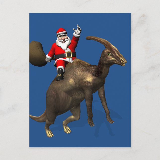 Cartão Postal De Festividades Santa Claus Andando Em Parasaurolophus (Frente)