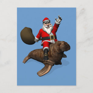 Cartão Postal De Festividades Santa Claus Andando Em Walrus