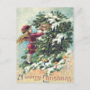 Cartão Postal De Festividades Santa Claus Angel Cherub Mistletoe