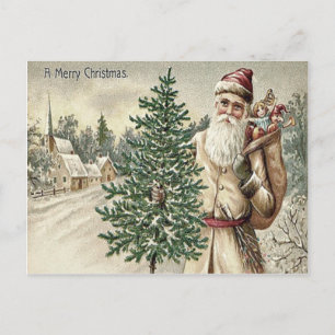 Cartão Postal De Festividades Santa Claus Árvore de Natal Sack of Toys Church