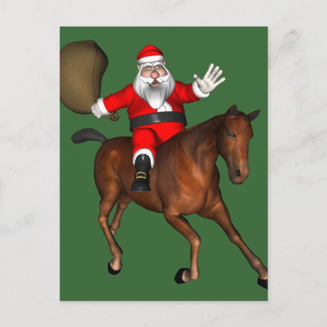 Cartão Postal De Festividades Santa Claus Freehand Andando Em Um Mustang (Frente)
