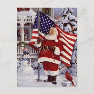 Cartão Postal De Festividades Santa Claus segurando bandeira americana
