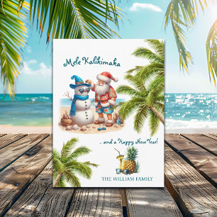 Cartão Postal De Festividades Santa e Boneco de Neve Mele Kalikimaka Natal