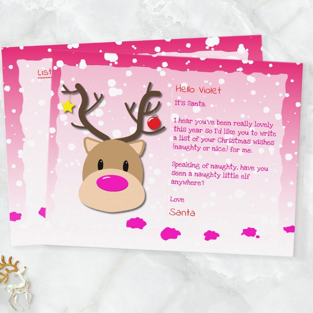 Cartão Postal De Festividades Santa Letter, Christmas List, Postcard For kids (Pink Reindeer & Elf Santa Postcard For Kids)