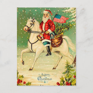 Cartão Postal De Festividades Santa on a Horse Vintage Christmas Postcard