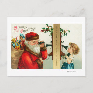 Cartão Postal De Festividades Santa on the Phone with Little Girl