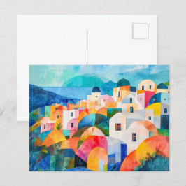 Cartão Postal De Festividades Santorini Hillside em Abstrato Hues