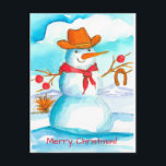 Cartão Postal De Festividades Sapato de Cavalo do Cowboy Snowman Feliz Natal<br><div class="desc">Um cartão-postal festivo divertido para a época de Natal,  com um boneco de neve vestindo um chapéu de vaqueiro e lenço vermelho com ornamentos vermelhos e uma ferradura em seus galhos ilustrada com aquarela.</div>