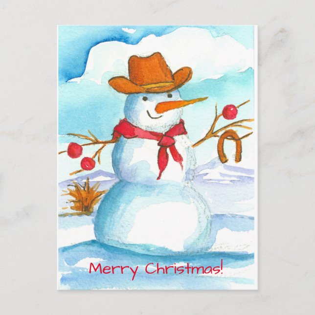 Cartão Postal De Festividades Sapato de Cavalo do Cowboy Snowman Feliz Natal (Frente)