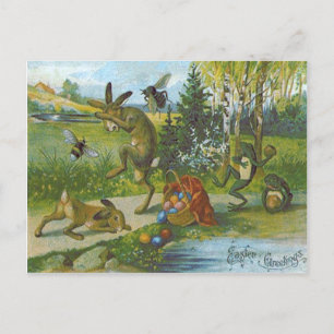 Cartão Postal De Festividades Sapo De Ovos Colorido De Cesta De Coelho Da Pásco