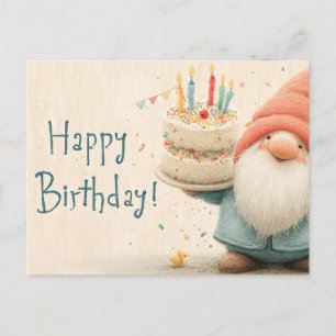 Cartão Postal De Festividades Saudação de Aniversário Caprichosa: Gnomo Segurand