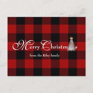 Cartão Postal De Festividades Saudação de Natal alegre em xadrez de búfalo