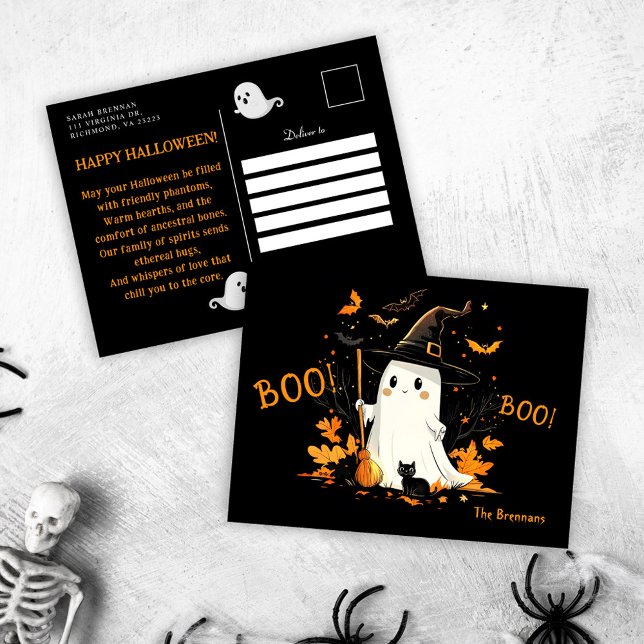 Cartão Postal De Festividades Saudação de outubro de Halloween Ghost Witch (Halloween Ghost Witch October Greeting Holiday Postcard)