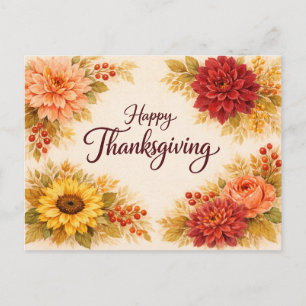 Cartão Postal De Festividades Saudação Floral de Ação de Graças em Aquarela Rúst