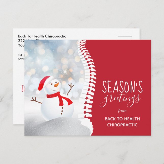 Cartão Postal De Festividades Saudações da temporada Snowman Chiropractic (Frente/Verso)