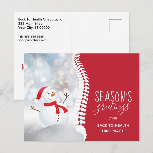 Cartão Postal De Festividades Saudações da temporada Snowman Chiropractic (Frente/Verso)