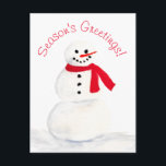 Cartão Postal De Festividades Saudações da temporada Watercolor Snowman Divertid<br><div class="desc">Este cartão postal de feriado bonito mostra um boneco de neve pintado com a mão com a legenda "Saudações da Época!" O verso tem espaço para sua foto,  juntamente com uma mensagem e assinatura curtas. Maneira divertida de enviar alegria de Natal neste Natal.</div>