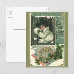 Cartão Postal De Festividades Saudações de Ano Novo Vintage, Garota Vitoriana