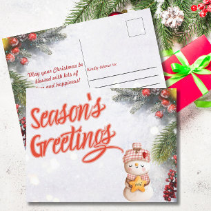 Cartão Postal De Festividades Saudações de Fim de Ano Boneco de Neve Natal