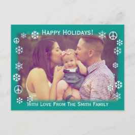 Cartão Postal De Festividades Saudações de Fim de Ano Verdes com neve e sinais d