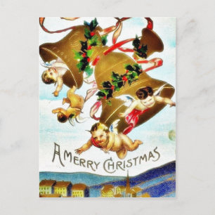 Cartão Postal De Festividades Saudações de Natal com dois anjos se abraçando