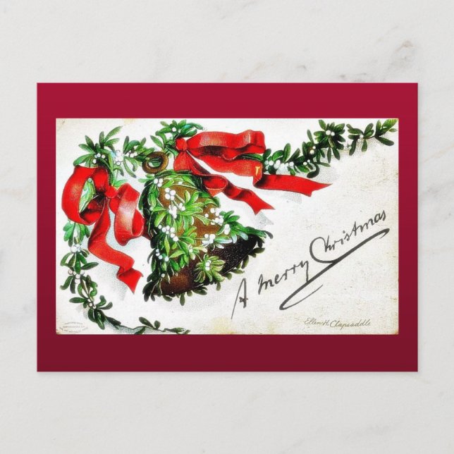 Cartão Postal De Festividades Saudações de Natal com sino com fitas (Frente)
