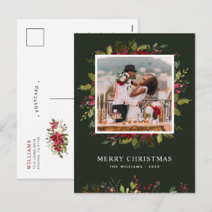 Cartão Postal De Festividades Saudações de Natal com Verde Folhagem em Aquarela