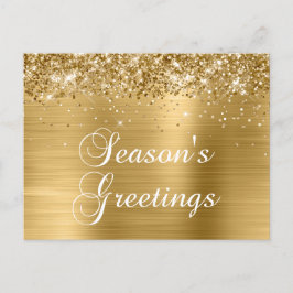 Cartão Postal De Festividades Saudações de Temporada Dourado Brilhante Falso Fol