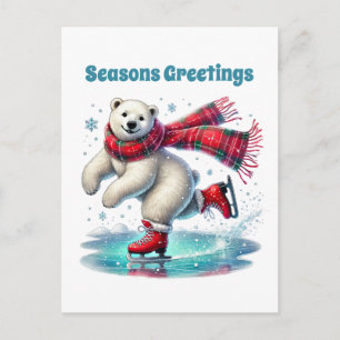 Cartão Postal De Festividades Saudações de temporada urso polar patinação no gel