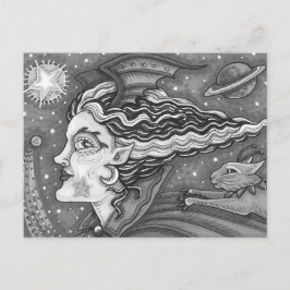 CARTÃO POSTAL DE FESTIVIDADES SCI FI SPACE WITCH & COMET CAT BLK/WHALLOWEEN