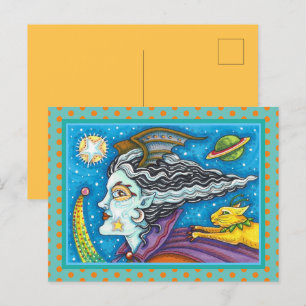 CARTÃO POSTAL DE FESTIVIDADES SCI FI SPACE WITCH & COMET CAT COLORFUL HALLOWEEN