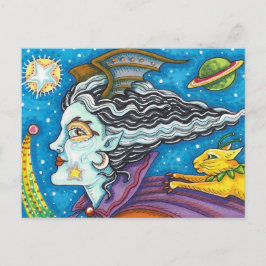 CARTÃO POSTAL DE FESTIVIDADES SCI FI SPACE WITCH & COMET CAT COLORFUL HALLOWEEN