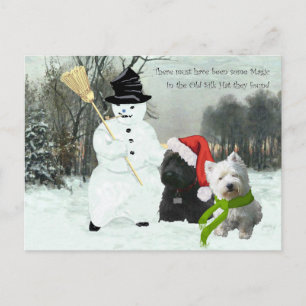 Cartão Postal De Festividades Scottie e Westie com Snowman