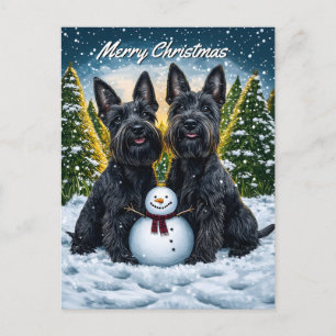 Cartão Postal De Festividades Scottish Terriers and Snowman Christmas